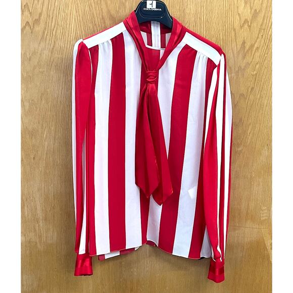 NWT Dolce & Gabbana Red White Striped Silk Crepe De Chine Blouse IT 42 M - Picture 9 of 11